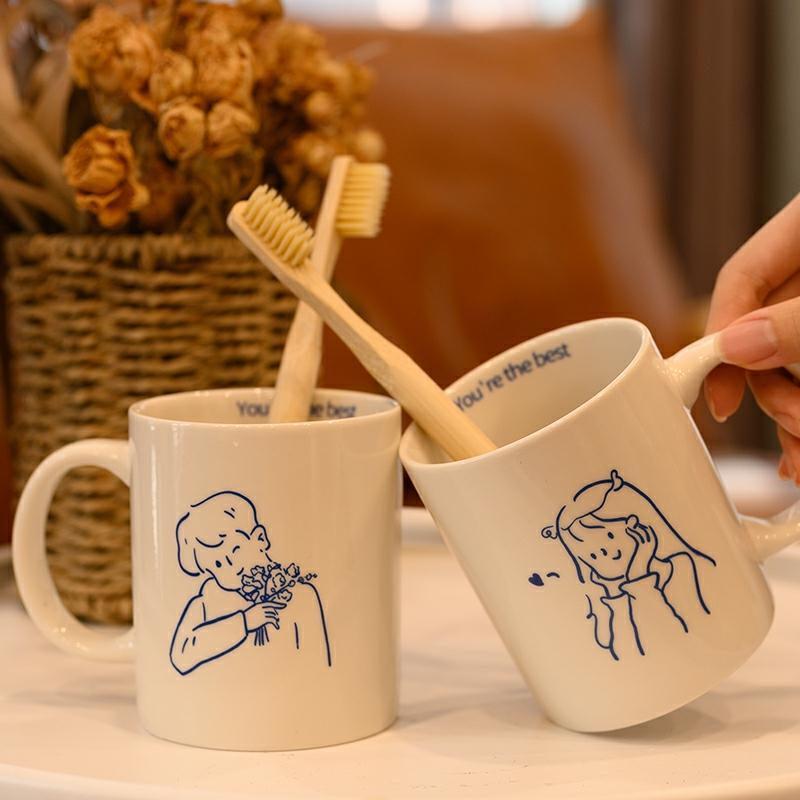 Cupa De Spălat. | Cana De Gură Ins Pentru Cupluri, Ceramică Simplă, Set De Două, Cană Pentru Spălat Pe Dinți Pentru Femei, Cană De Baie Pentru Bărbați, Suport Creativ Pentru Periuțe De Dinți. Cupa De Spălat. Cupa De Spălat.